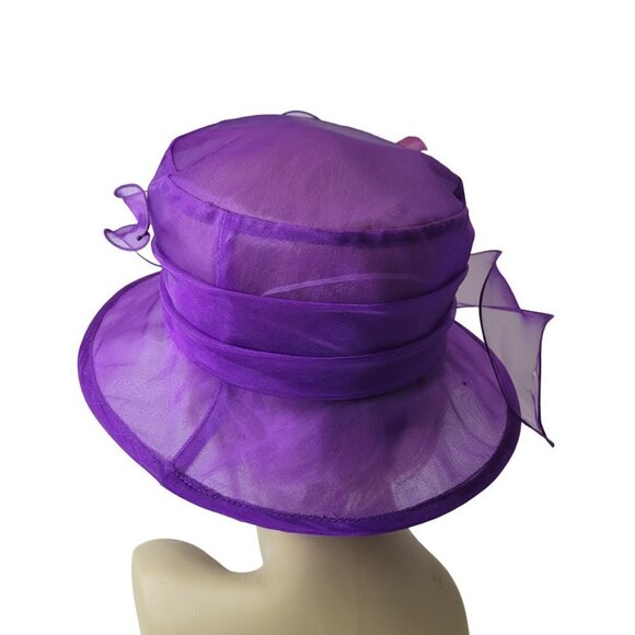 Purple Dress Hat Crushable Packable Deep Purple Satin Band and Pink Feathers - Picture 8 of 15